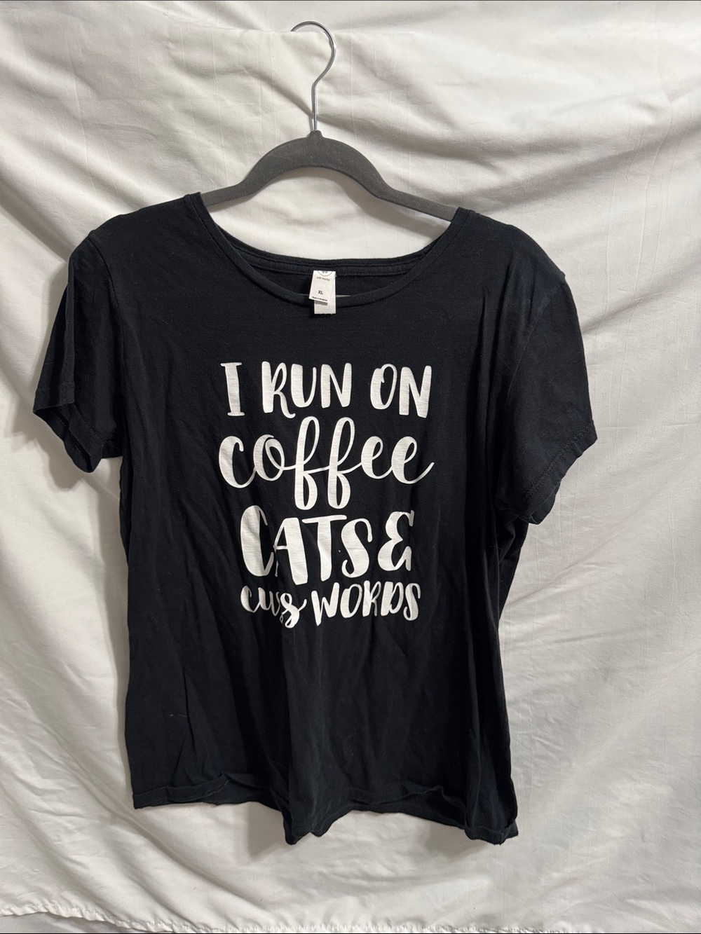 Women's Black Graphic Tee - 'I Run On Coffee Cats & Cuss Words'